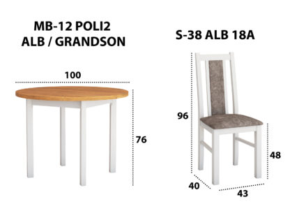 Set masa Living Poli2 Bialy/Grandson cu 4 scaune Boss14 Bialy 18A, lemn masiv/stofa/pal - imagine 3