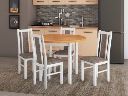Set masa Living Poli2 Bialy/Grandson cu 4 scaune Boss14 Bialy 18A, lemn masiv/stofa/pal