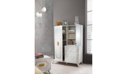 Dormitor Beata, alb/auriu, pat 160x200, dulap cu 6 usi cu balamale, comoda, 2 noptiere - imagine 3