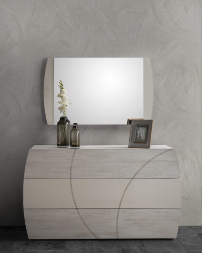 Dormitor Atom, bej/gri, pat 160x190 cm, dulap cu 2 usi culisante, comoda, 2 noptiere - imagine 3