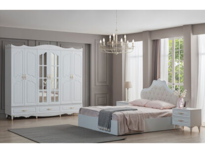 Dormitor Akasya, alb/crem, mdf/pal, pat 160×200, dulap cu 6 usi, 2 comode, 2 noptiere