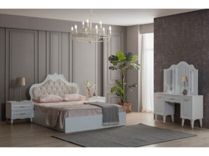 Dormitor Akasya, alb/crem, mdf/pal, pat 160×200, dulap cu 6 usi, 2 comode, 2 noptiere - imagine 2
