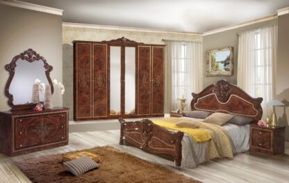 Dormitor Amalfi, Nuc, pat 160x200 cm , dulap cu 6 usi, comoda, 2 noptiere