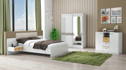 Set Dormitor Atena, Alb, Dulap 150 cm, Pat 160x200 cm, 2 noptiere, comoda