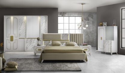 Dormitor Beata, alb/auriu, pat 160x200, dulap cu 6 usi cu balamale, comoda, 2 noptiere
