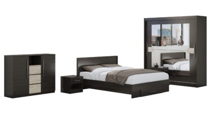 Set Dormitor Dome 2-20, Wenge, Dulap 200 cm, Pat 160×200 cm, 2 noptiere, comoda - imagine 2
