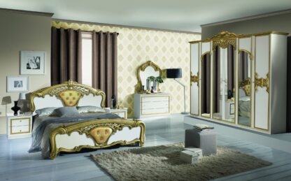 Dormitor Eva Bianco, alb/auriu, pat 160x200 cm, dulap cu 6 usi, comoda, 2 noptiere