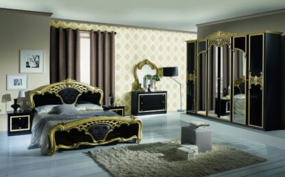 Dormitor Eva Nero, negru/auriu, pat 160x200 cm, dulap cu 6 usi, comoda, 2 noptiere
