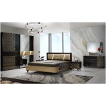 Dormitor Glamour, negru/auriu, pat 160x200, dulp cu 2 usi culisante, comoda, 2 noptiere