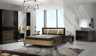 Dormitor Glamour, negru/auriu, pat 160x200, dulp cu 2 usi culisante, comoda, 2 noptiere