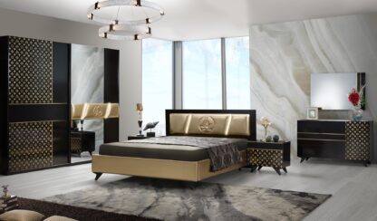 Dormitor Glamour, negru/auriu, pat 160x200, dulp cu 2 usi culisante, comoda, 2 noptiere