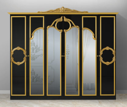 Dormitor Barocco Nero, negru/auriu, pat 160x200 cm, dulap cu 6 usi, comoda, 2 noptiere - imagine 3