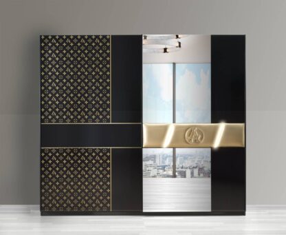 Dormitor Glamour, negru/auriu, pat 160x200, dulp cu 2 usi culisante, comoda, 2 noptiere - imagine 3