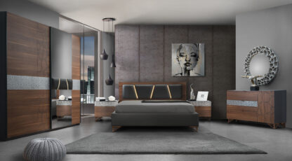 Dormitor Mercury, nuc/antracit, pat 160x200 cm, dulap cu 2 usi culisante, 2 noptiere