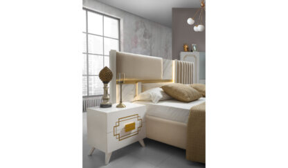 Dormitor Beata, alb/auriu, pat 160x200, dulap cu 6 usi cu balamale, comoda, 2 noptiere - imagine 2