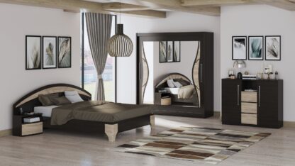 Set Dormitor Dome 5-20, Wenge, Dulap 200 cm, Pat 160×200 cm, 2 noptiere, comoda