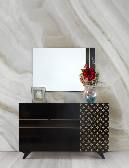 Dormitor Glamour, negru/auriu, pat 160x200, dulp cu 2 usi culisante, comoda, 2 noptiere - imagine 2