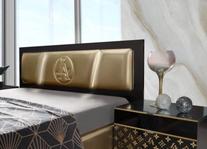Dormitor Glamour, negru/auriu, pat 160x200, dulp cu 2 usi culisante, comoda, 2 noptiere - imagine 4
