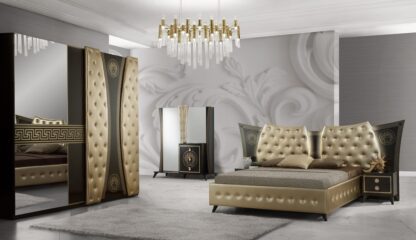 Dormitor Delizia, Negru/Auriu, Pat 160×200 cm, Dulap cu 2 usi, Comoda, 2 Noptiere