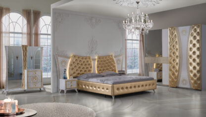 Dormitor Delizia, Alb/Auriu, Pat 160×200 cm, Dulap cu 2 usi, Comoda, 2 Noptiere