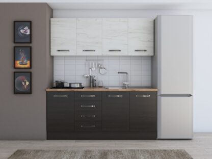 Bucatarie Alfa cu blat termic fara vitrina, 180x210x60 cm, wenge/alb murdar