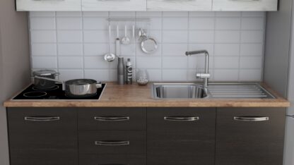 Bucatarie Alfa cu blat termic fara vitrina, 180x210x60 cm, wenge/alb murdar - imagine 3