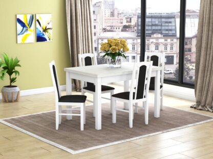 Set masa extensibila 120x150cm cu 4 scaune tapitate, MB-13 Max5 si S-37 Boss7 29B, Alb, Lemn masiv de fag, Stofa