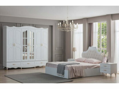 Dormitor Akasya, alb/crem, mdf/pal, pat 180×200, dulap cu 6 usi, 2 comode, 2 noptiere
