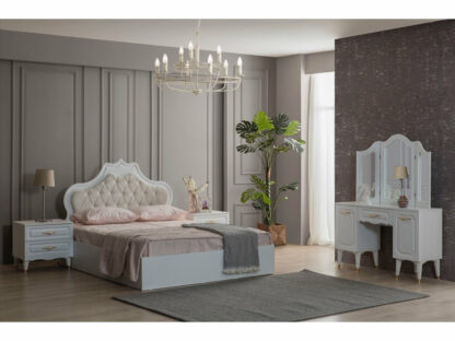 Dormitor Akasya, alb/crem, mdf/pal, pat 180×200, dulap cu 6 usi, 2 comode, 2 noptiere - imagine 2