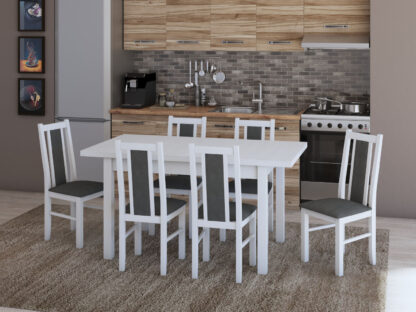Set masa extensibila 120x150cm cu 6 scaune tapitate, MB-13 Max5 si S-38 Boss14 B24Z, alb, lemn masiv de fag, stofa