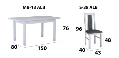 Set masa extensibila 120x150cm cu 6 scaune tapitate, MB-13 Max5 si S-38 Boss14 B24Z, alb, lemn masiv de fag, stofa - imagine 9