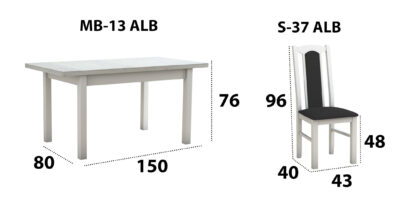 Set masa extensibila 120x150cm cu 4 scaune tapitate, MB-13 Max5 si S-37 Boss7 29B, Alb, Lemn masiv de fag, Stofa - imagine 9