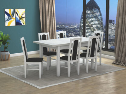Set masa extensibila 120x150cm cu 6 scaune tapitate, MB-13 Max5 si S-37 Boss7 29B, Alb, Lemn masiv de fag, Stofa