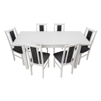 Set masa extensibila 120x150cm cu 6 scaune tapitate, MB-13 Max5 si S-38 Boss14 B24Z, alb, lemn masiv de fag, stofa - imagine 3