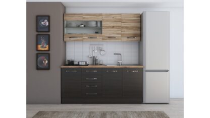Bucatarie Alfa cu blat termic si vitrina, 180x210x60 cm, wenge/lyon