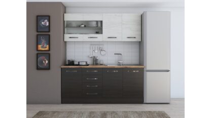 Bucatarie Alfa cu blat termic si vitrina, 180x210x60 cm, wenge/alb murdar