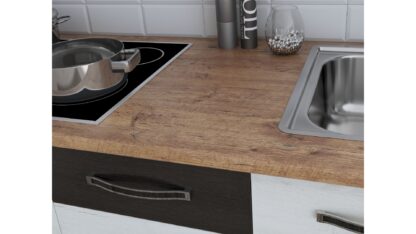 Bucatarie Alfa cu blat termic si vitrina, 180x210x60 cm, alb murdar/wenge - imagine 3
