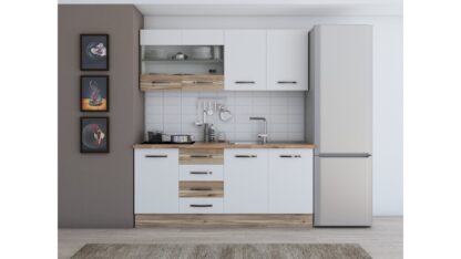 Bucatarie Alfa cu blat termic si vitrina, 180x210x60 cm, alb/lyon