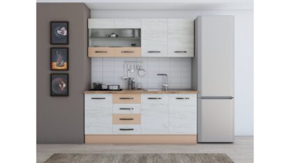 Bucatarie Alfa cu blat termic si vitrina, 180x210x60 cm, alb murdar/cappuccino