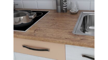 Bucatarie Alfa cu blat termic si vitrina, 180x210x60 cm, alb murdar/cappuccino - imagine 3