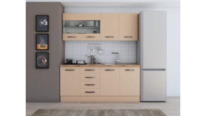 Bucatarie Alfa cu blat termic si vitrina, 180x210x60 cm, cappuccino