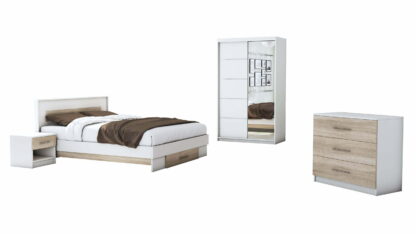 Set Dormitor Beta, Alb/Sonoma, Dulap 120 cm, Pat 160x200 cm, 2 noptiere, comoda - imagine 2