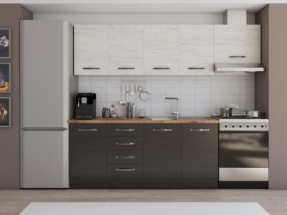 Bucatarie Alfa cu blat termic fara vitrina, 240x210x60 cm, wenge/alb murdar