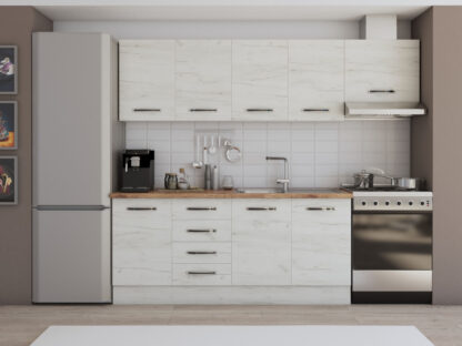 Bucatarie Alfa cu blat termic fara vitrina, 240x210x60 cm, alb murdar