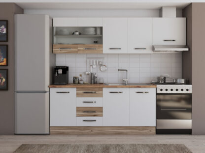 Bucatarie Alfa cu blat termic si vitrina, 240x210x60 cm, alb/lyon