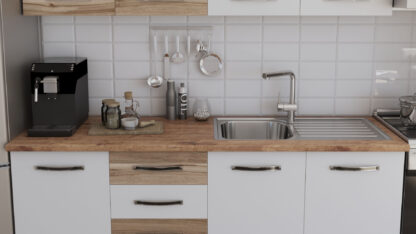 Bucatarie Alfa cu blat termic si vitrina, 240x210x60 cm, alb/lyon - imagine 2