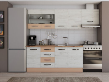 Bucatarie Alfa cu blat termic si vitrina, 240x210x60 cm, alb murdar/cappuccino