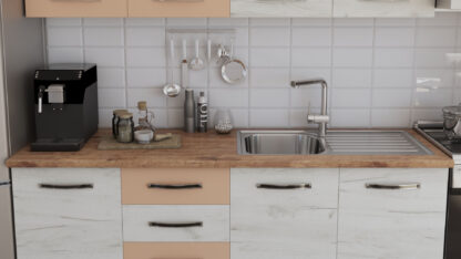 Bucatarie Alfa cu blat termic si vitrina, 240x210x60 cm, alb murdar/cappuccino - imagine 2