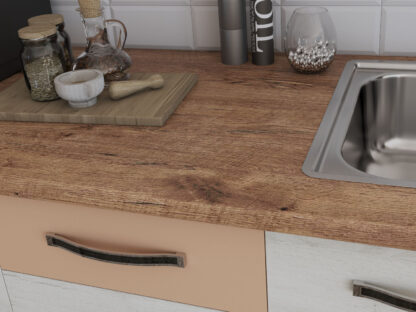 Bucatarie Alfa cu blat termic si vitrina, 240x210x60 cm, alb murdar/cappuccino - imagine 3