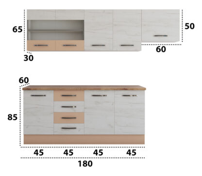 Bucatarie Alfa cu blat termic si vitrina, 240x210x60 cm, alb murdar/cappuccino - imagine 4